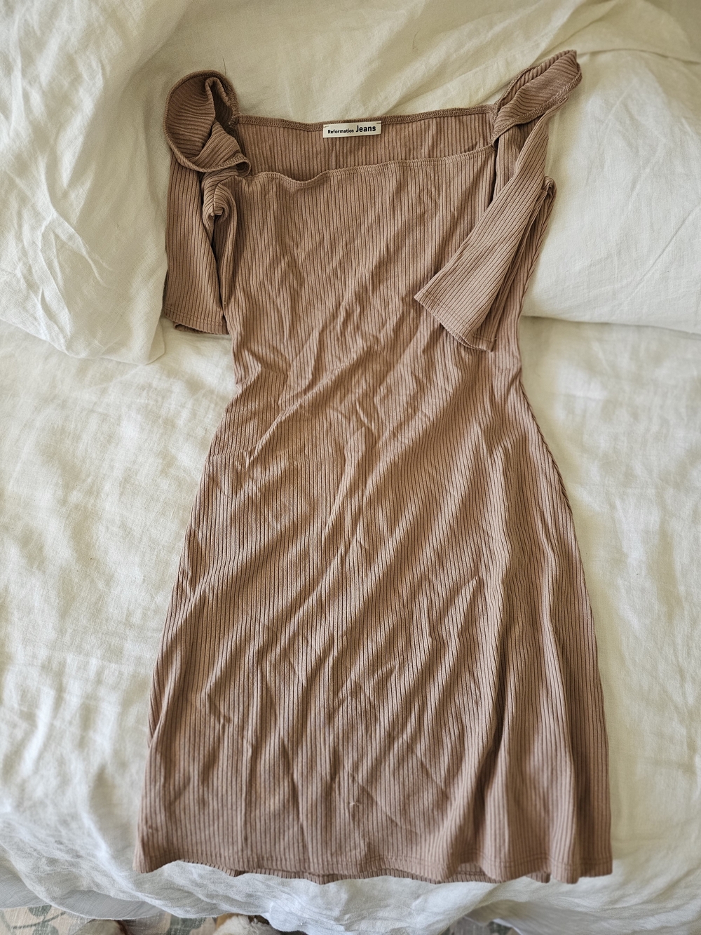 Reformation Ribbed Off-the-Shoulder Dress in Taupe Small